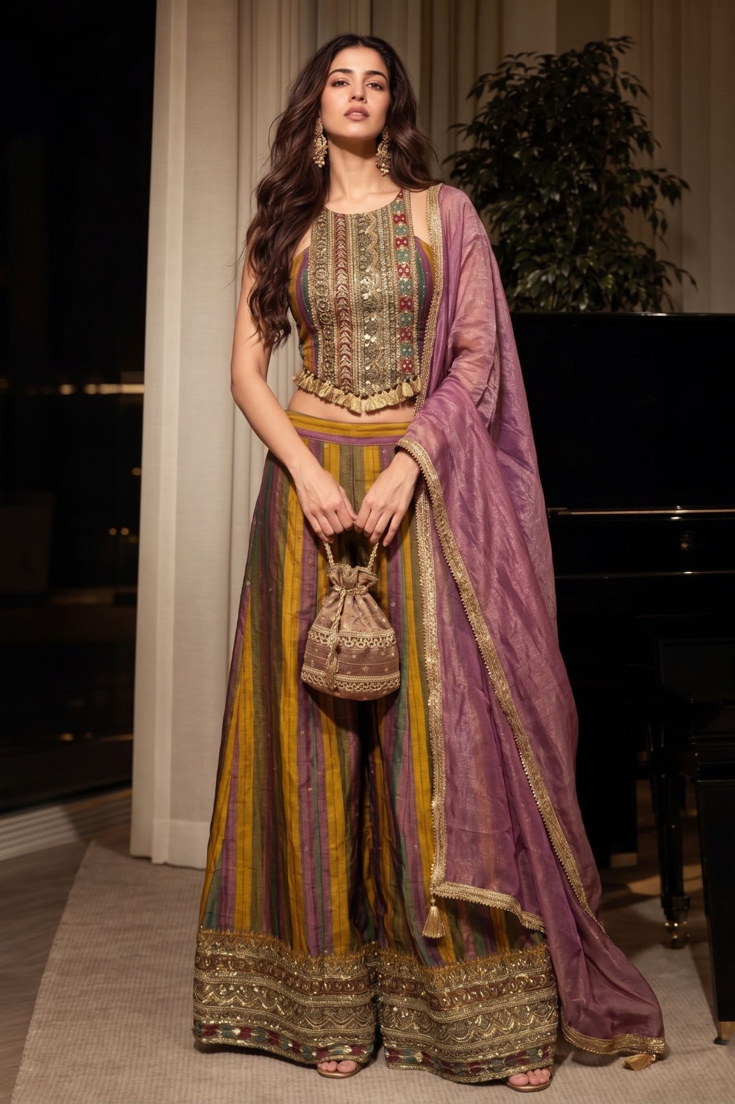 Dusty Purple Embellished Shimmer Silk Palazzo Set