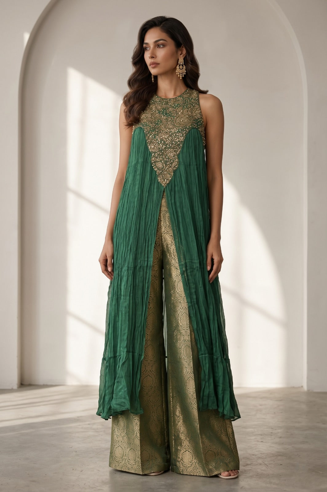 Emerald Green Embellished Chinon Silk Palazzo Set
