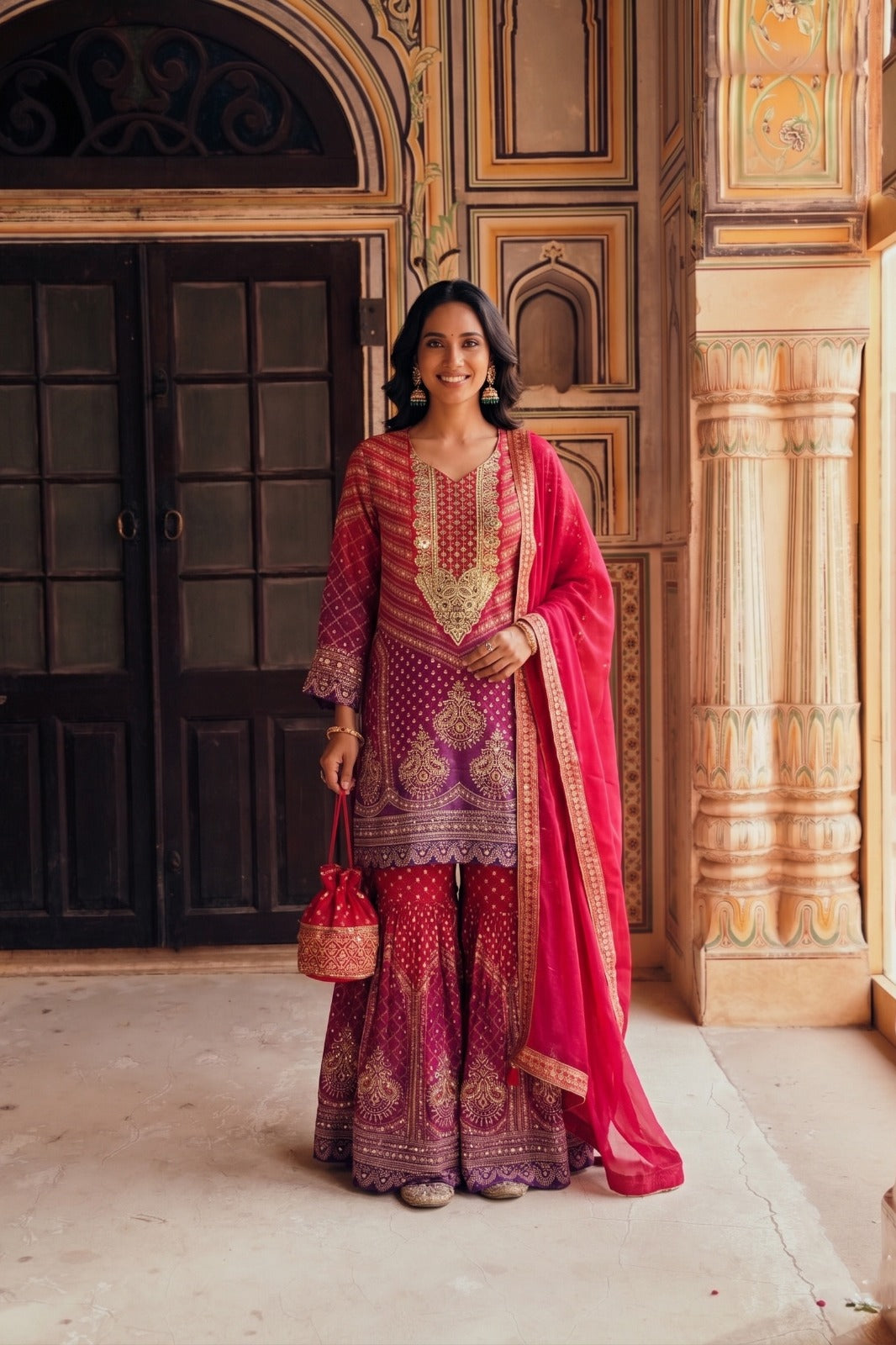 Royal Red Embellished Crepe Silk Sharara Set