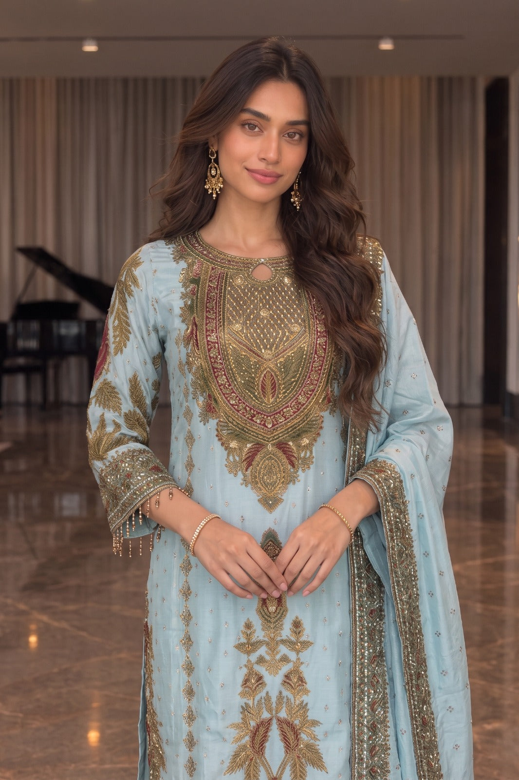 Ice Blue Embellished Crepe Silk Pant Set