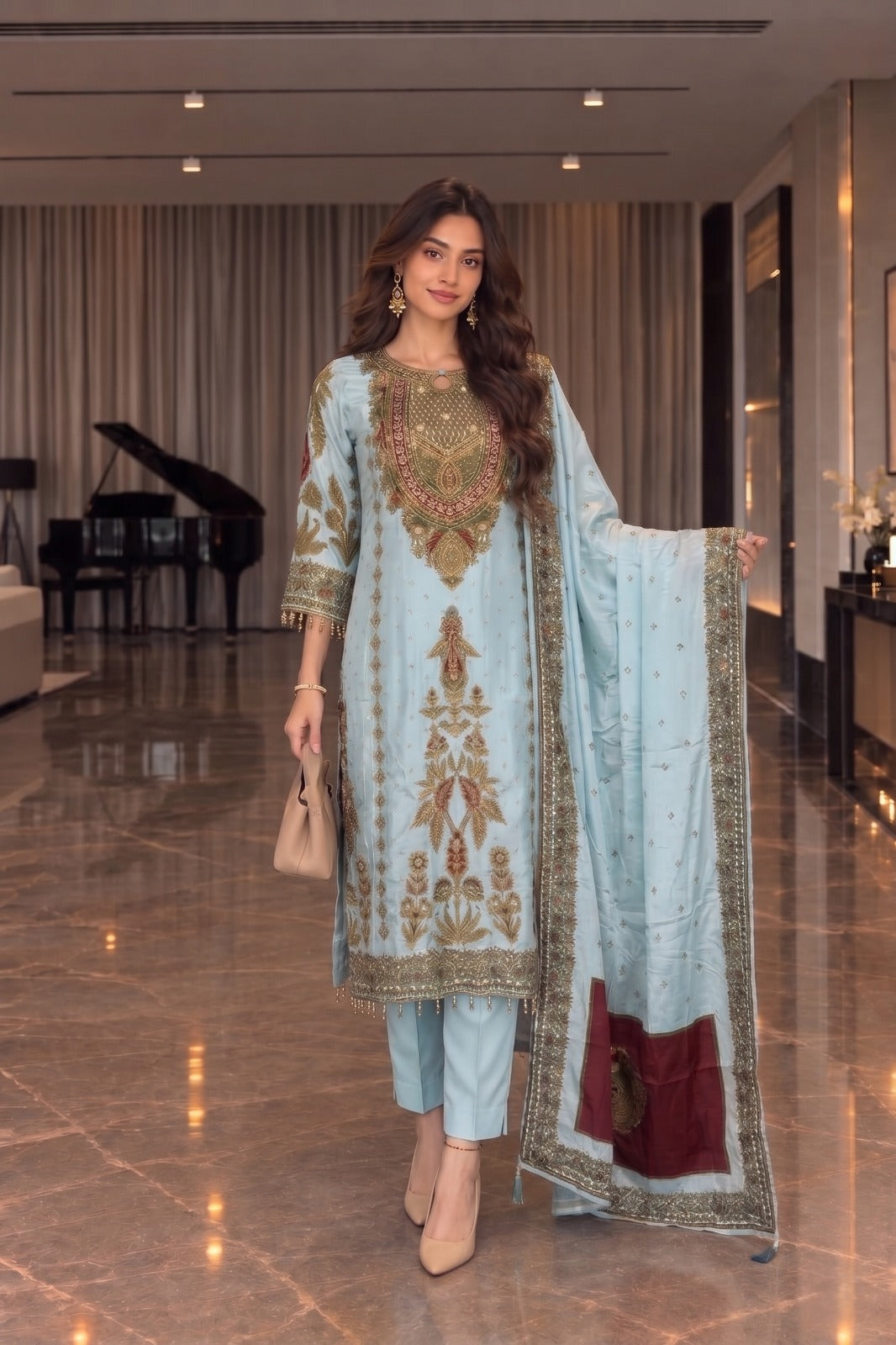 Ice Blue Embellished Crepe Silk Pant Set