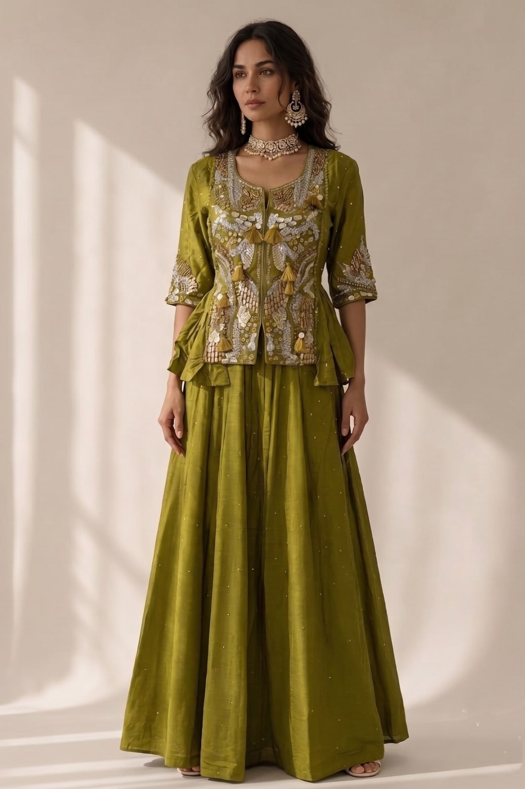 Olive Green Embellished Raw Silk Skirt Set