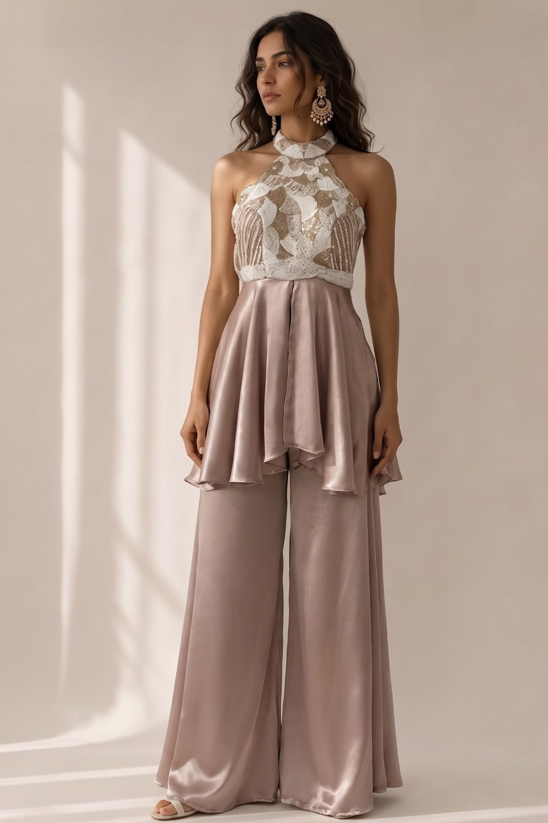 Dusty Rose Embellished Satin Silk Palazzo Set