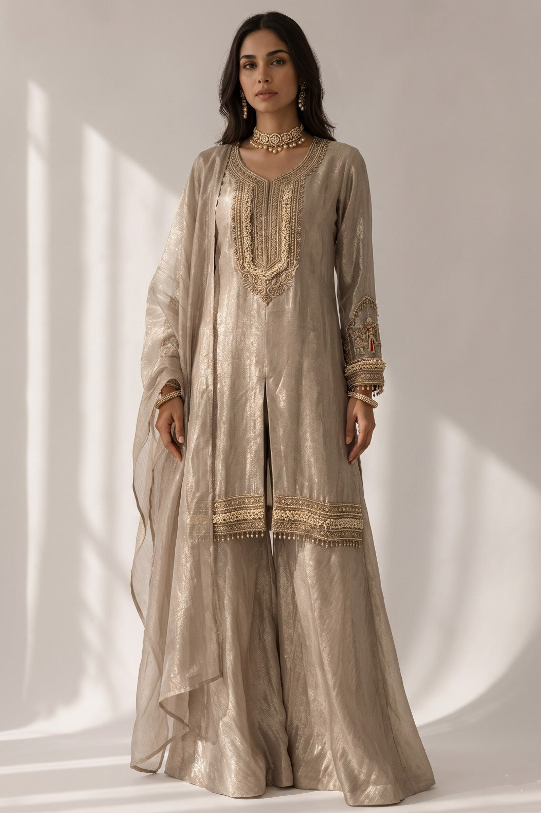 Metallic Mauve Embellished Shimmer Silk Palazzo Set