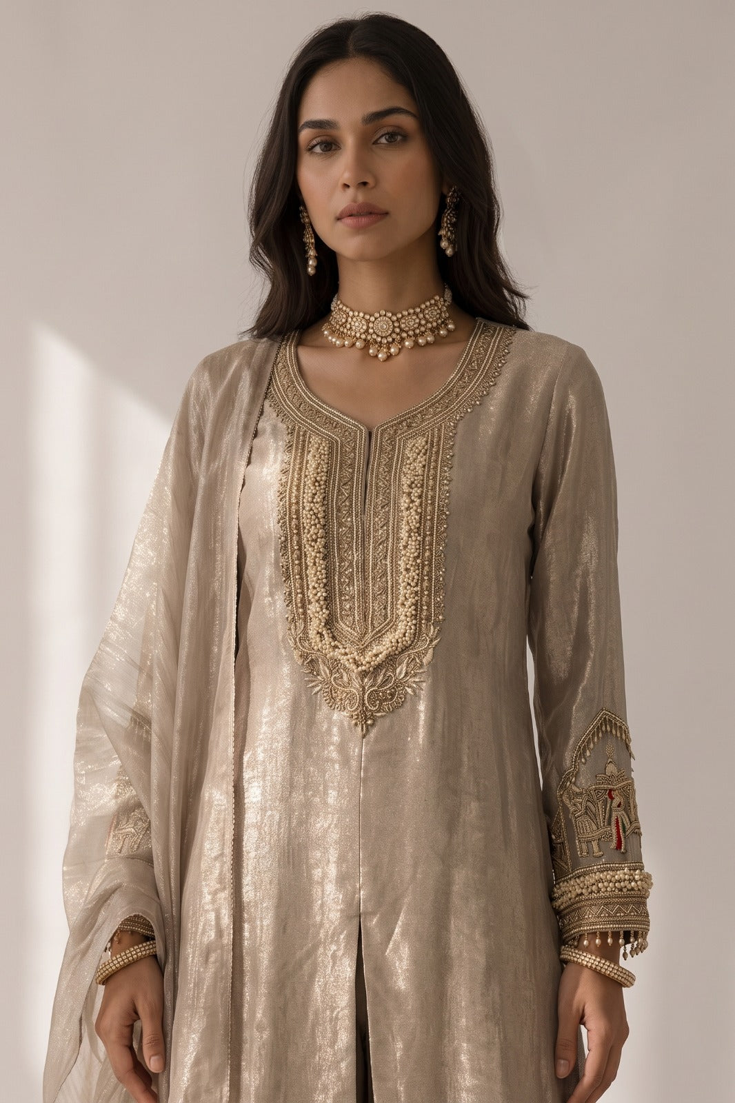Metallic Mauve Embellished Shimmer Silk Palazzo Set