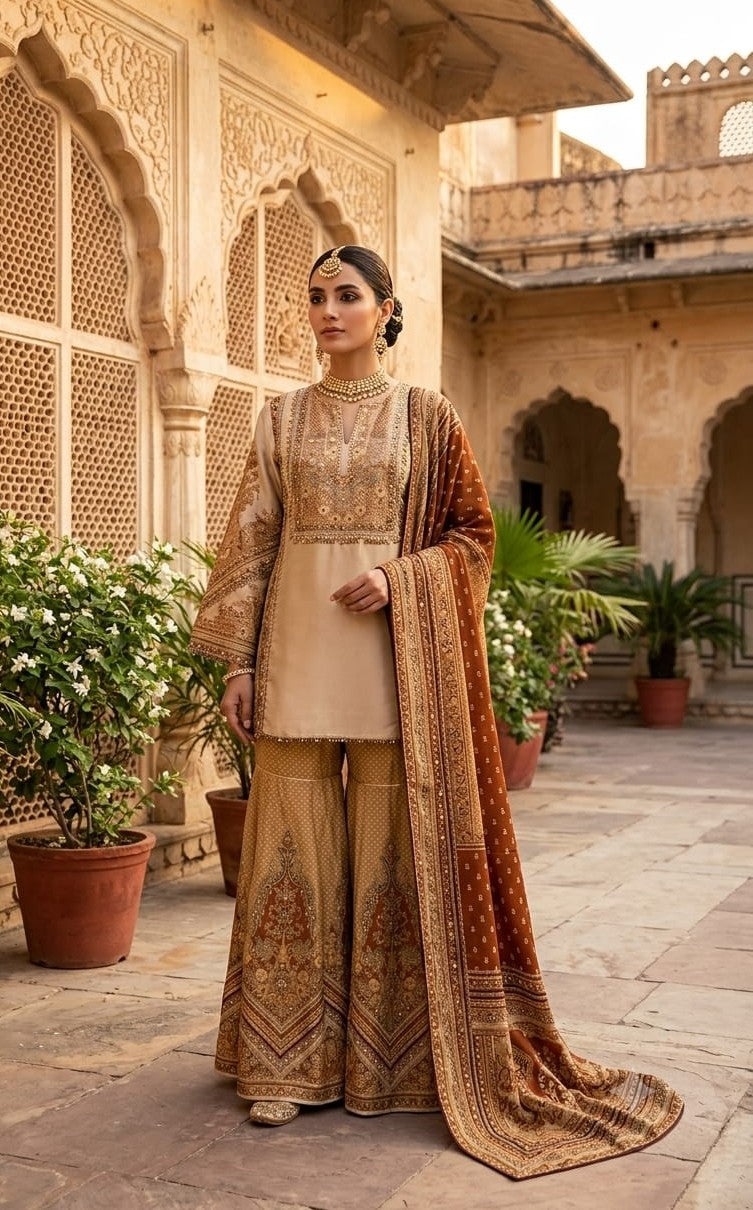 Warm Beige Embellished Premium Silk Sharara Set