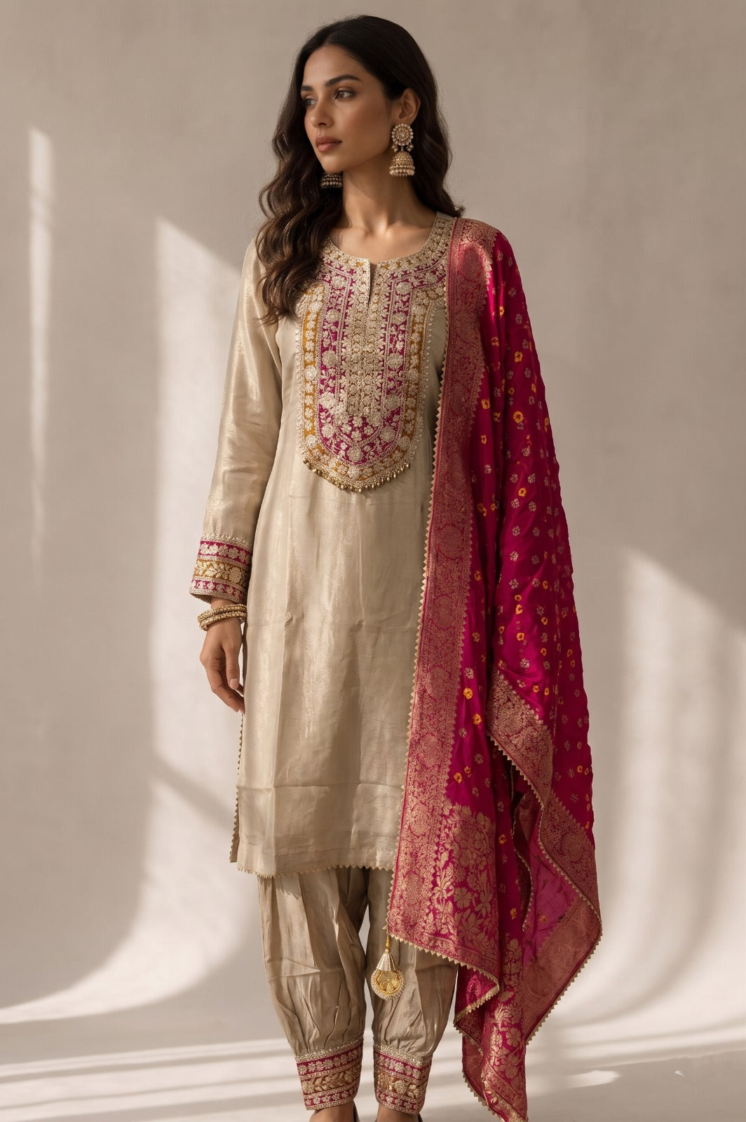 Mettalic Beige Embellished Shimmer Tissue Silk Salwar Set
