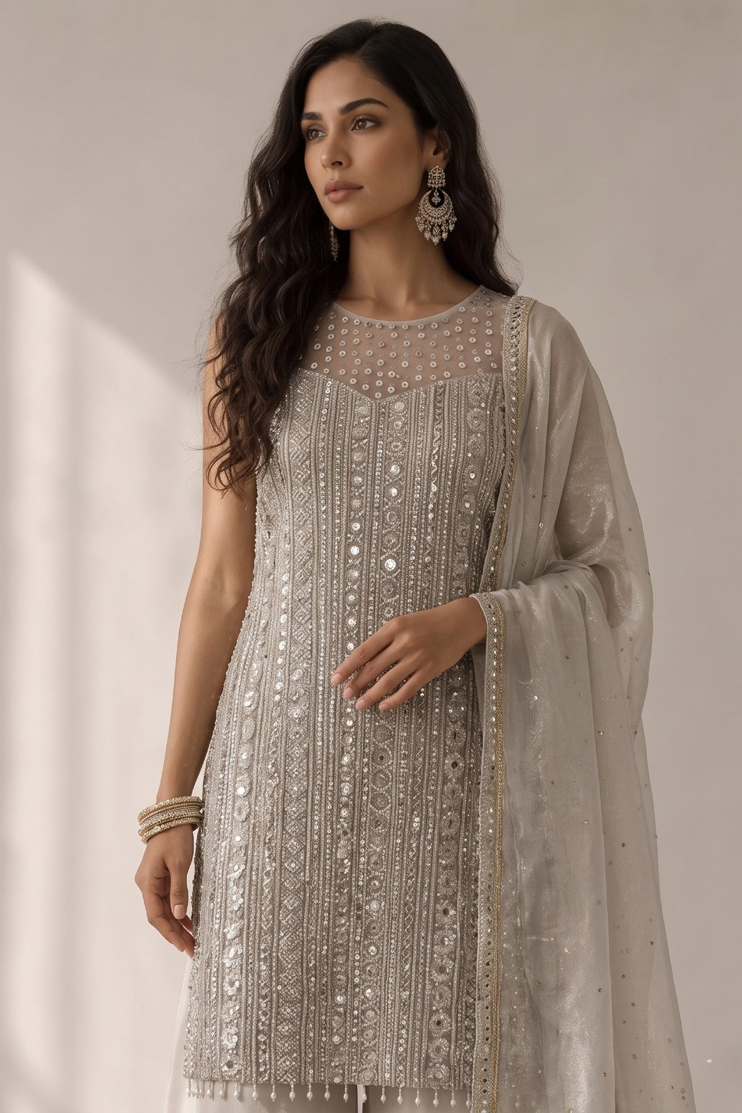 Ivory White Embellished Shimmer Silk Palazzo Set