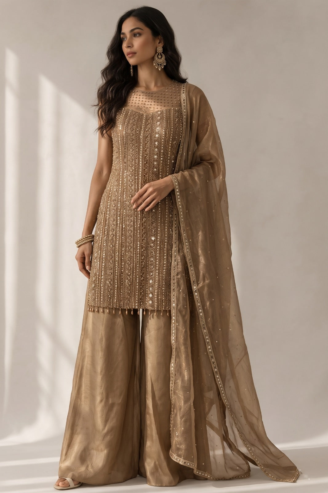 Metallic Bronze Embellished Shimmer Silk Palazzo Set