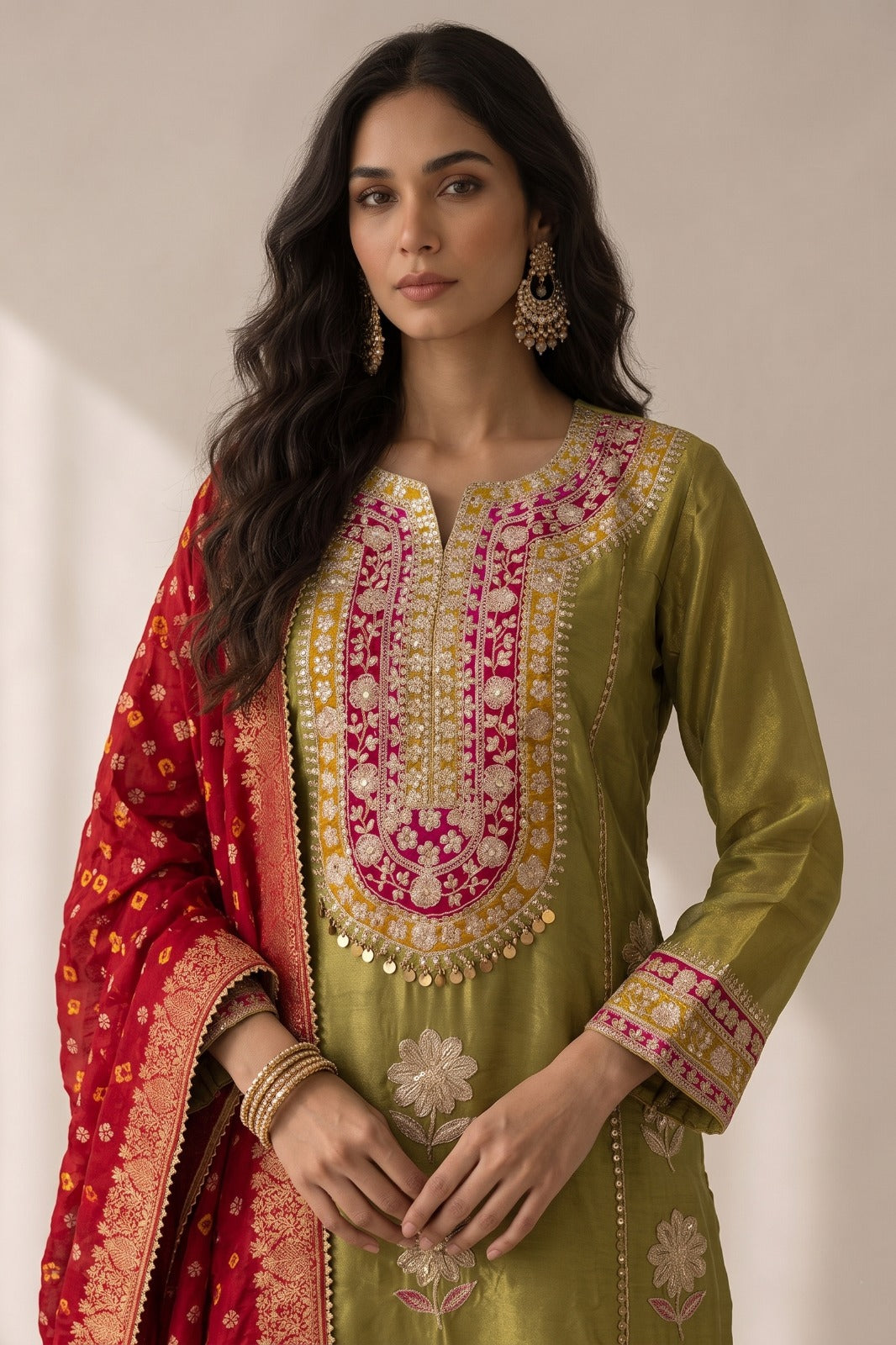 Olive Green Embellished Shimmer Tissue Silk Salwar Set