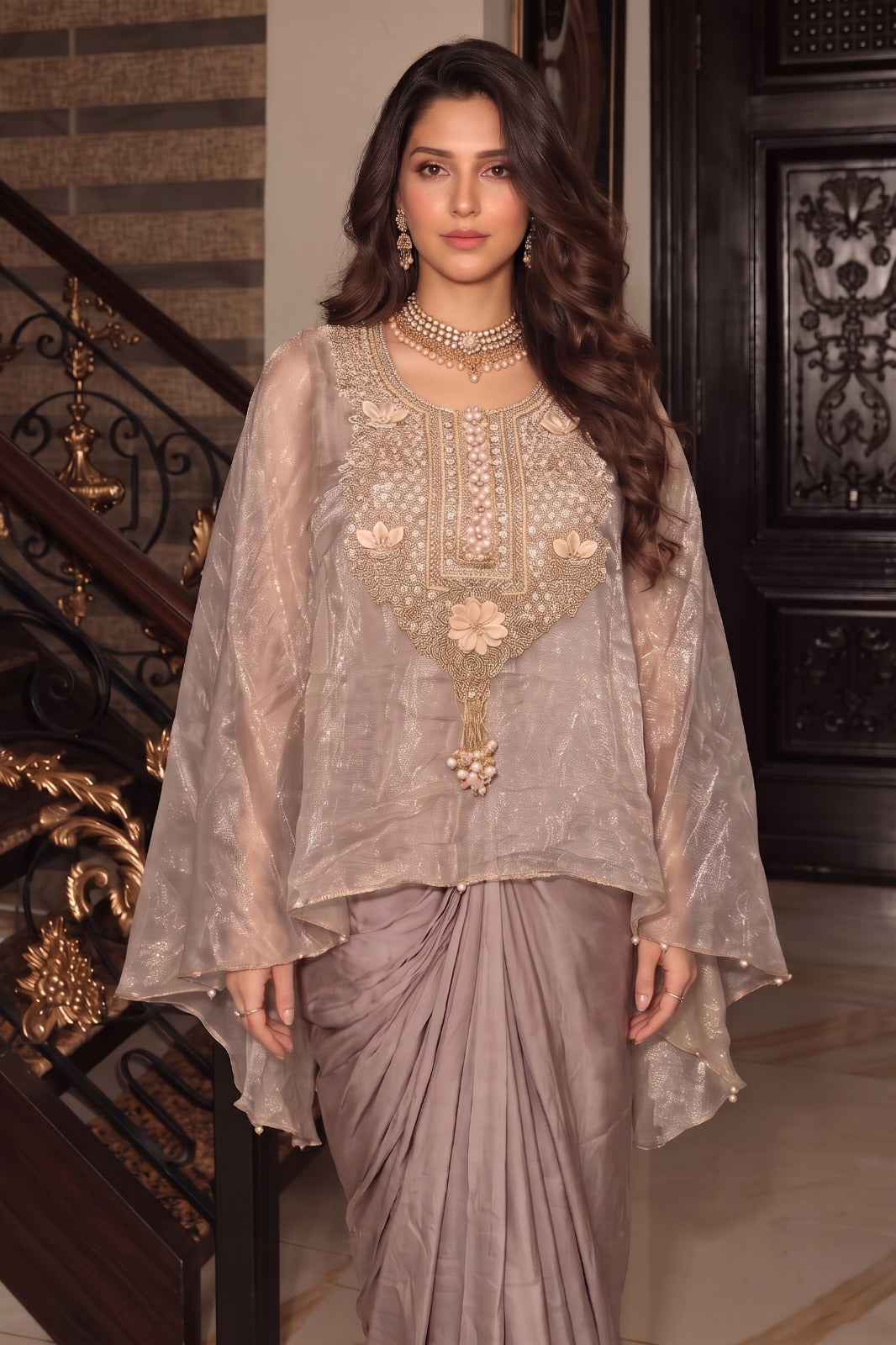 Dusty Blush Pink Embellished Crepe Satin Silk Kaftan Set