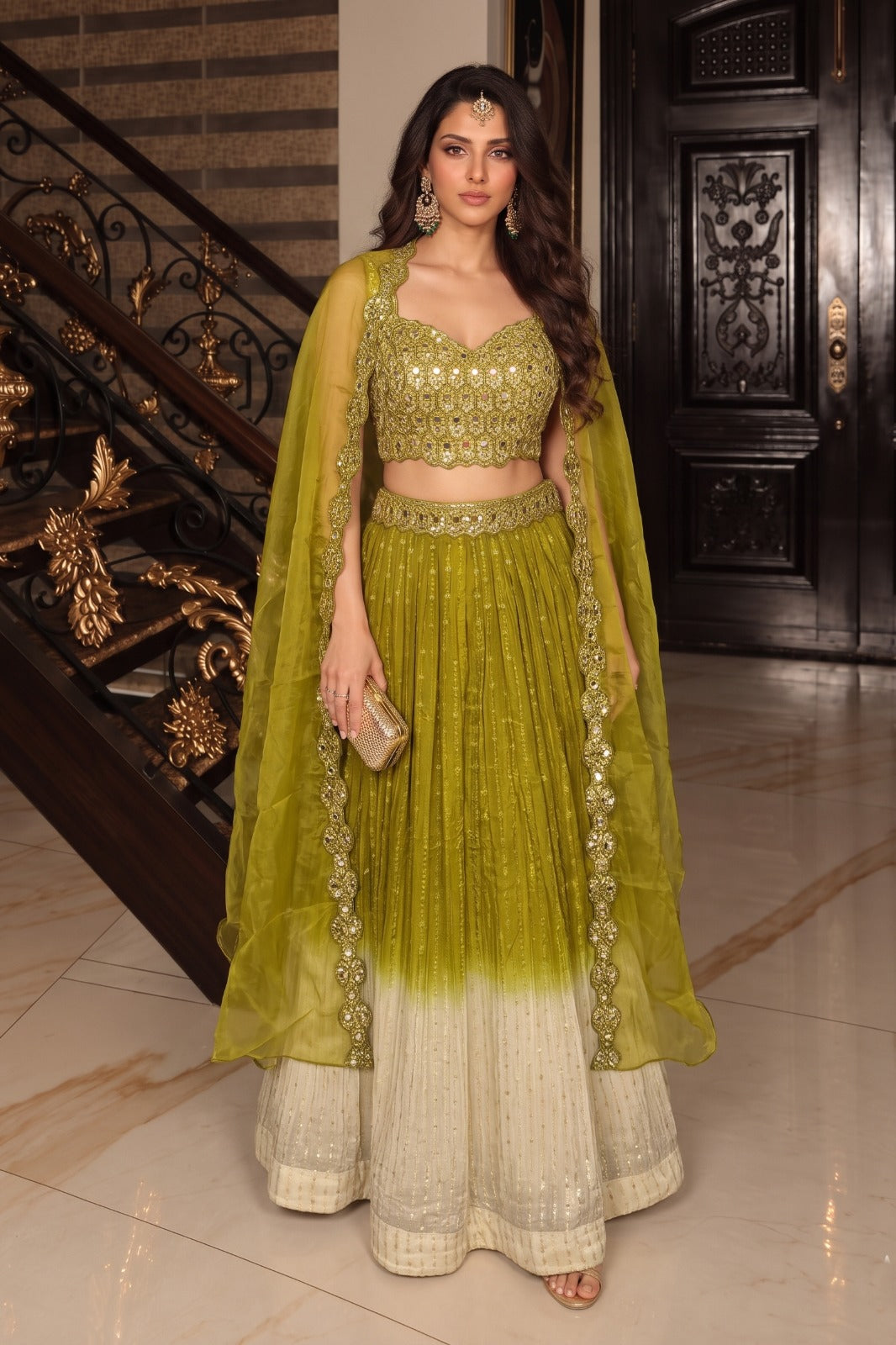 Lime Green Embellished Georgette Silk Skirt Set