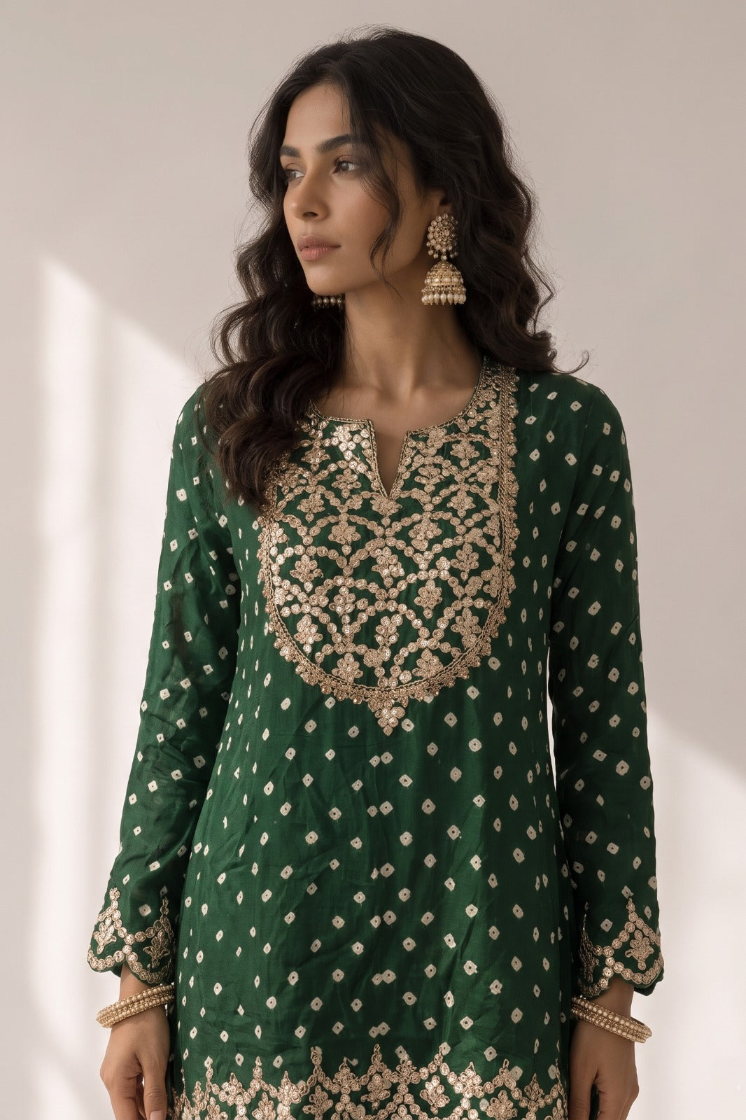 Bottle Green Embellished Satin Silk Skirt Set