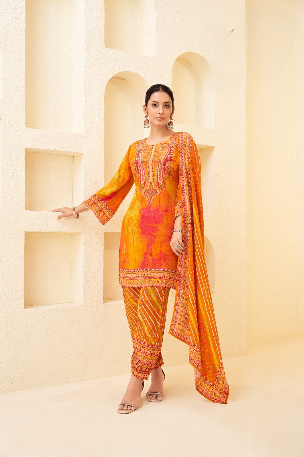 Marigold Orange Embellished Muslin Silk Palazzo Set