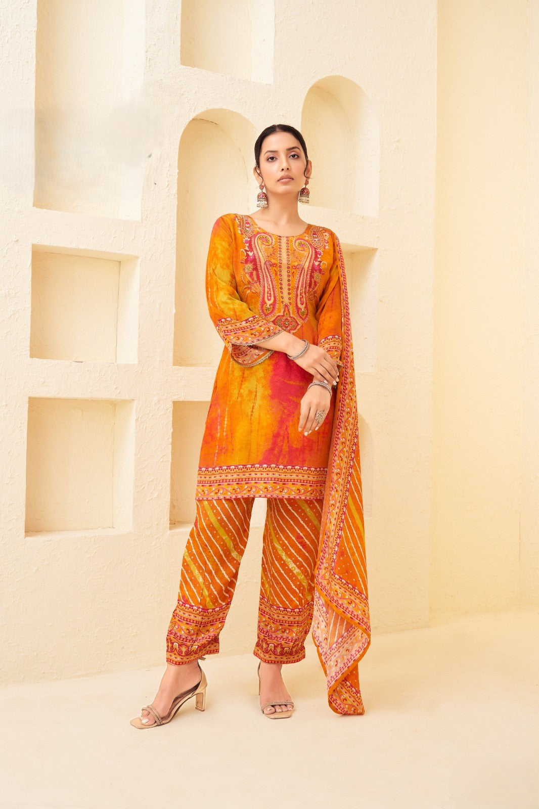 Marigold Orange Embellished Muslin Silk Palazzo Set