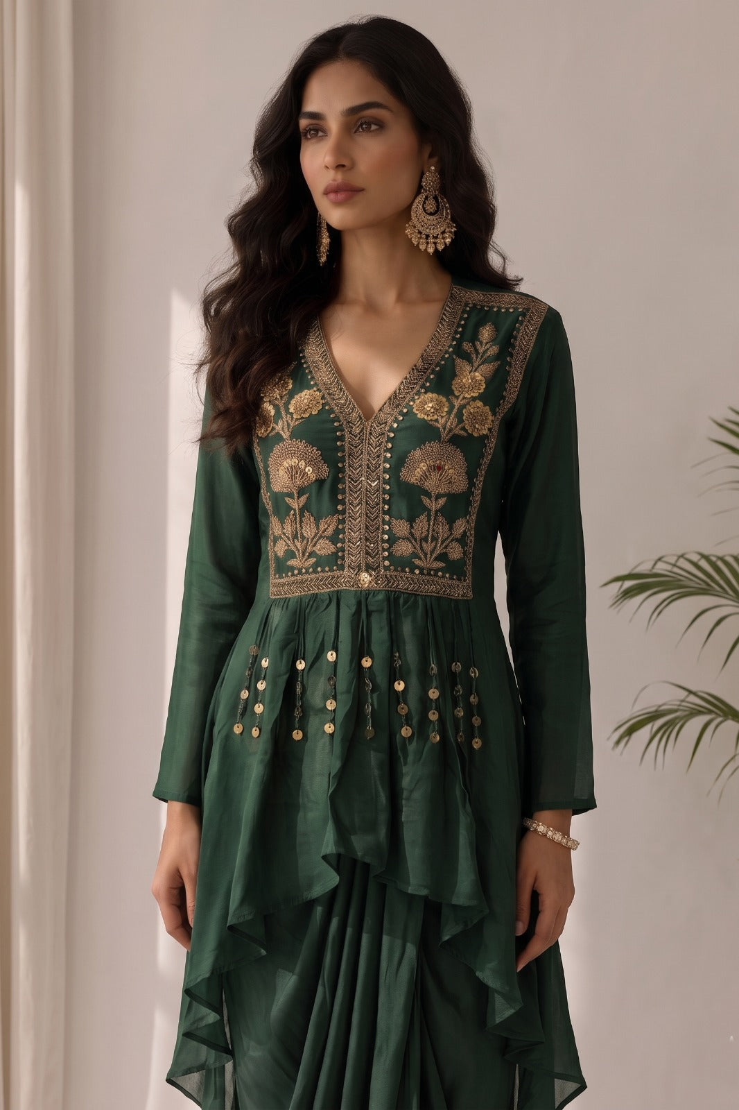 Bottle Green Embellished Raw Silk Skirt Set