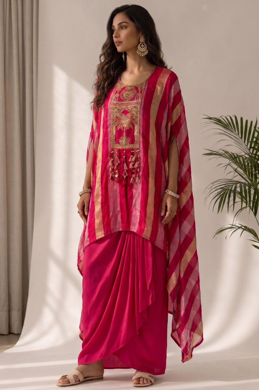 Rani Pink Embellished Crepe Silk Kaftan Set