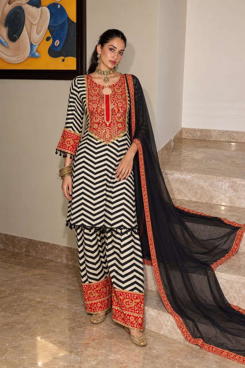 Rich Red Embellished Crepe Silk Salwar Set