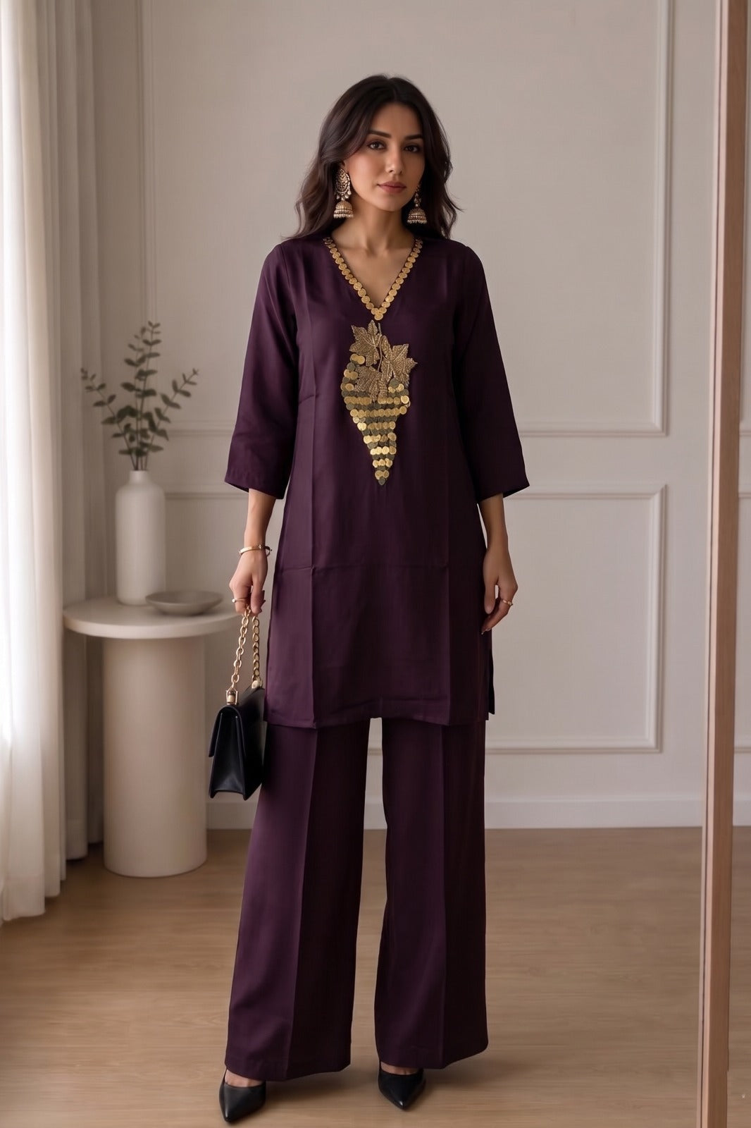 Plum Embellished Satin Silk Co-rd Set