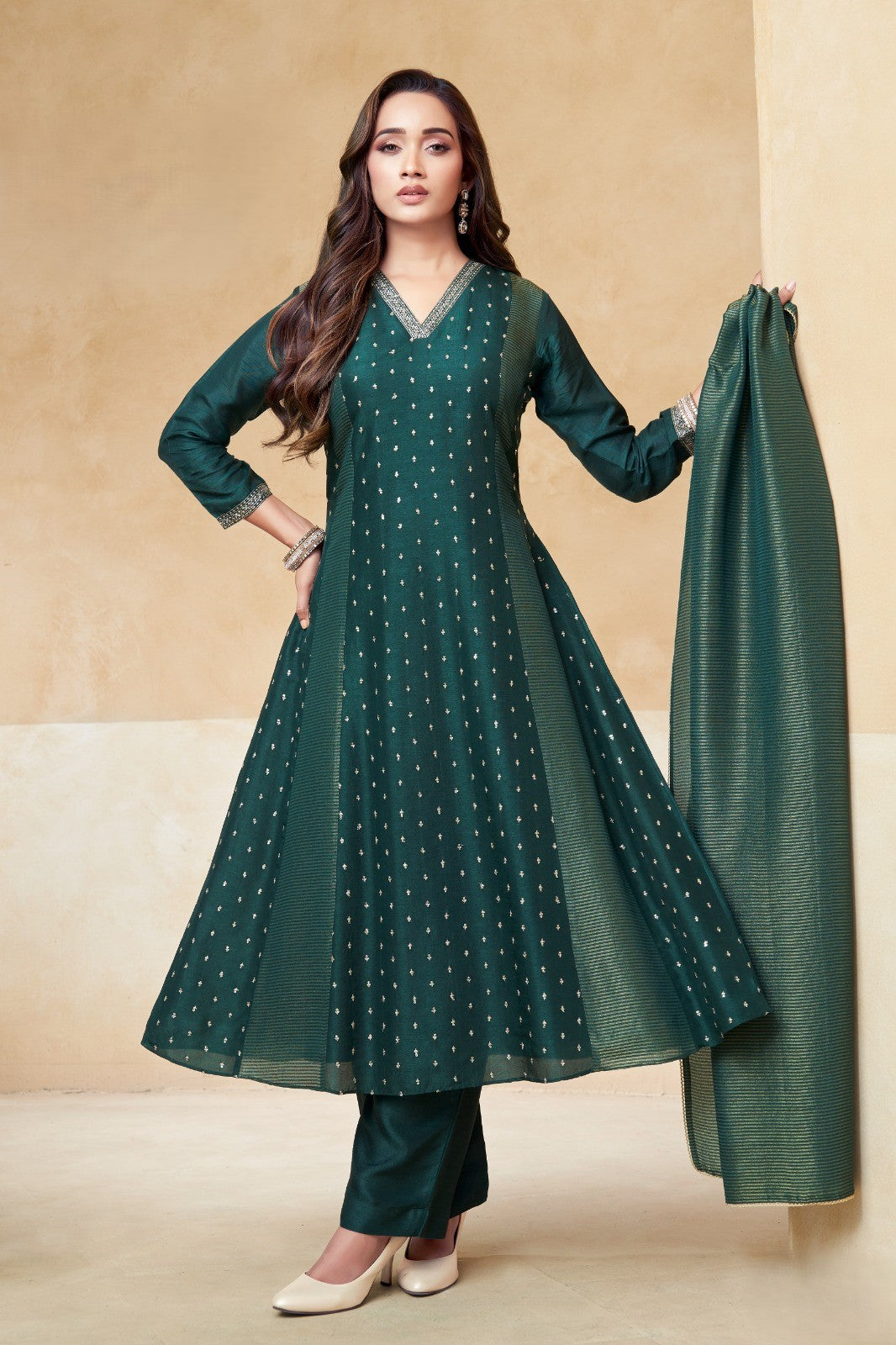 Bottle Green Embellished Crepe Silk Anarkali Set