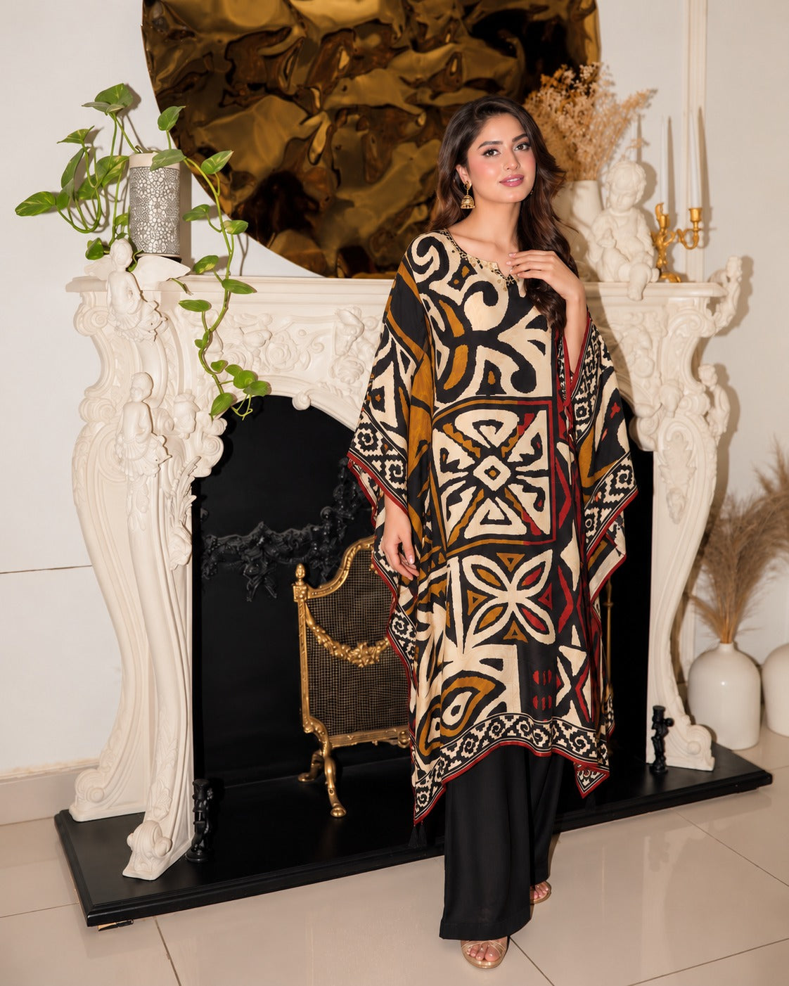 Jet Black Embellished Crepe Silk Kaftan Set