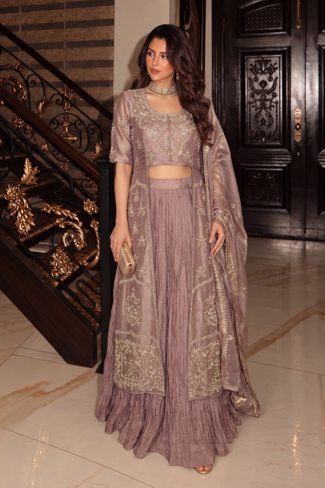 Dusty Lilac Embellished Shimmer Silk Skirt Set