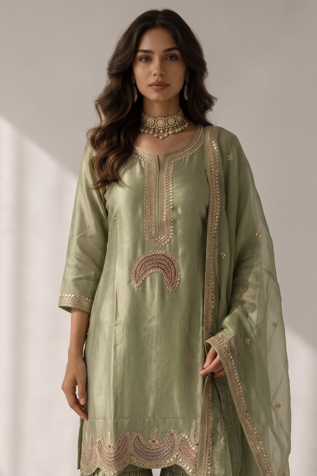 Muted Pistachio Embellished Satin Silk Sharara Set