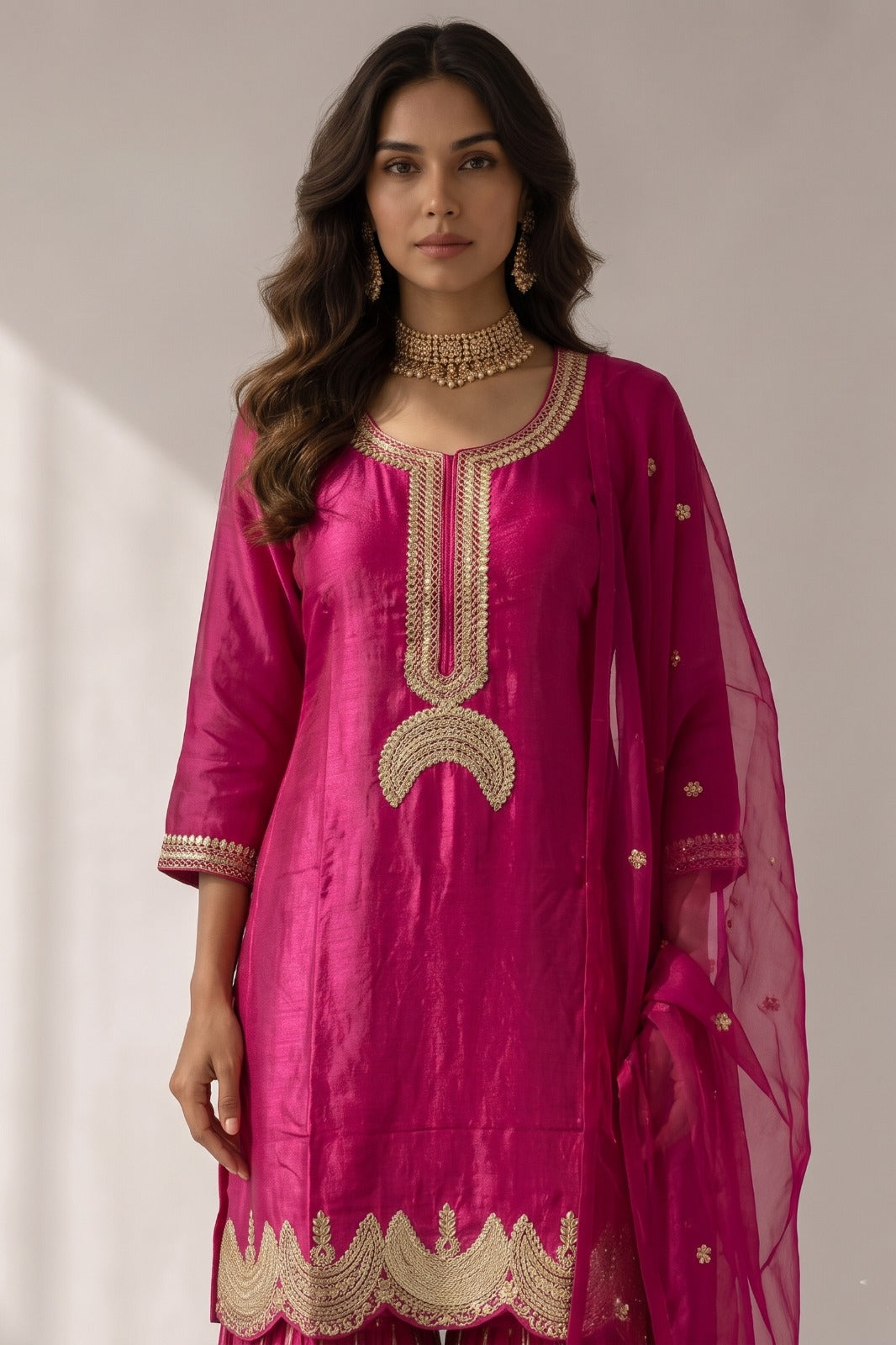Rani Pink Embellished Satin Silk Sharara Set