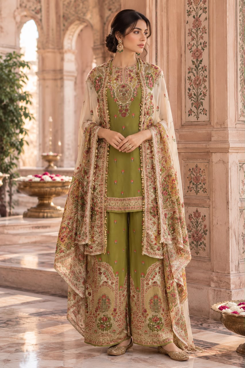 Light Green Embellished Crepe Silk Cape Palazzo Set