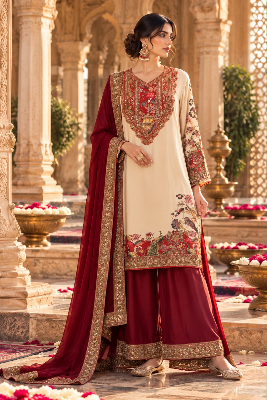 Maroon Embellished Crepe Satin  Silk Palazzo Set