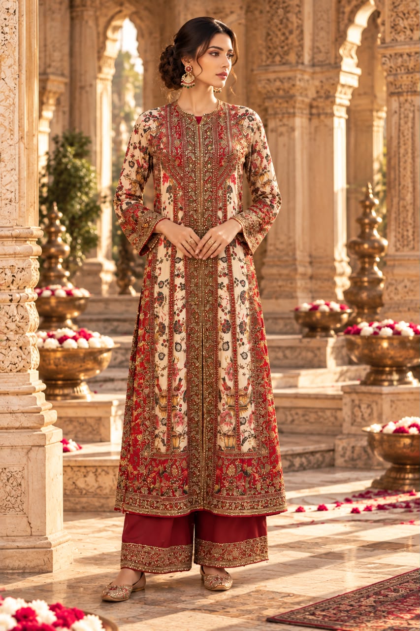 Beige Regal Embellished Crepe Silk Palazzo Set