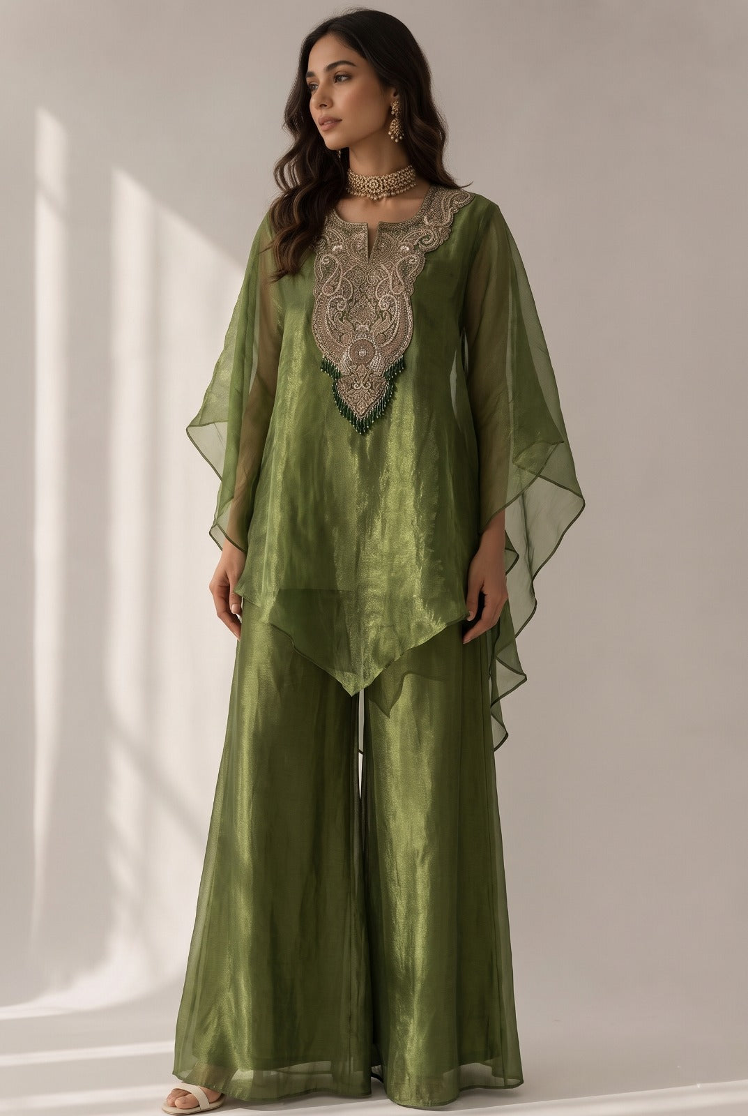Olive Green Embellished Organza Silk Kaftan Set