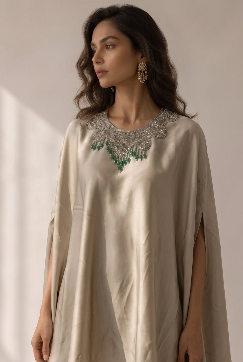 Champagne Beige Embellished Satin Silk Kaftan Set