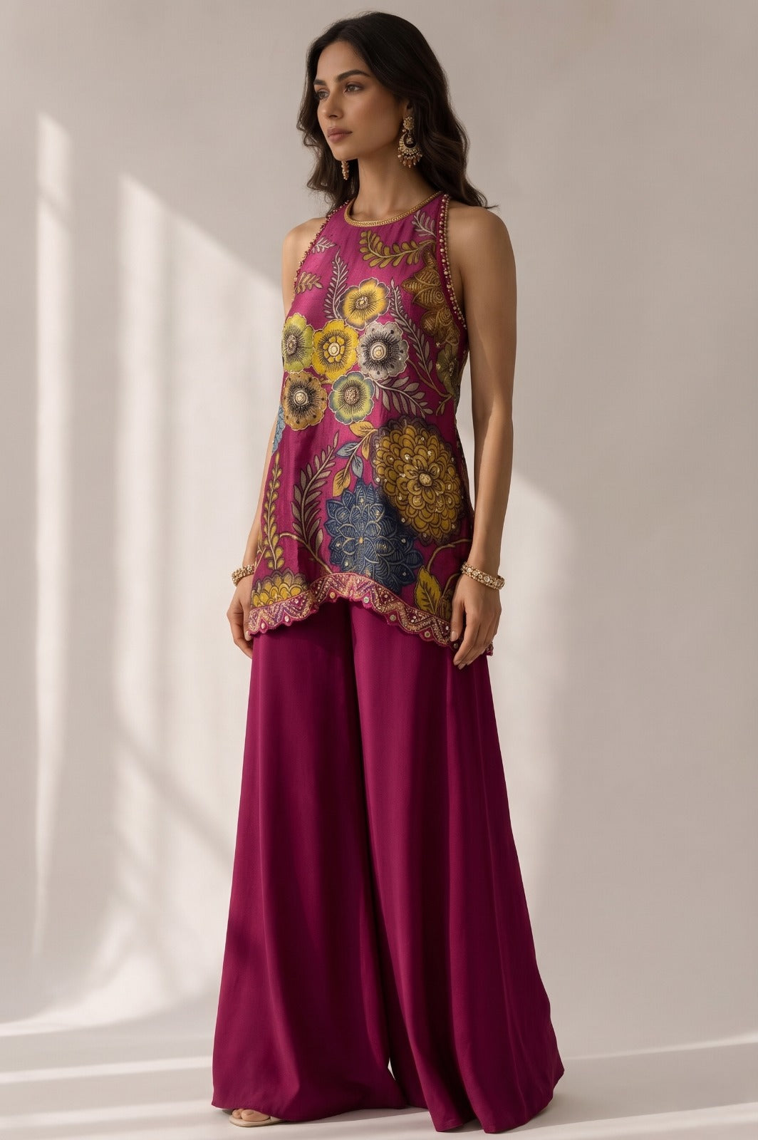 Floral Pink Embellished Bangalore Silk Palazzo Set