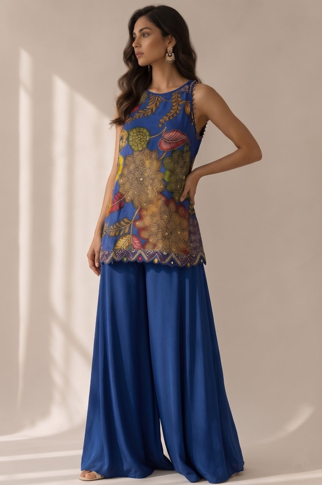 Floral Navy Embellished Bangalore Silk Palazzo Set