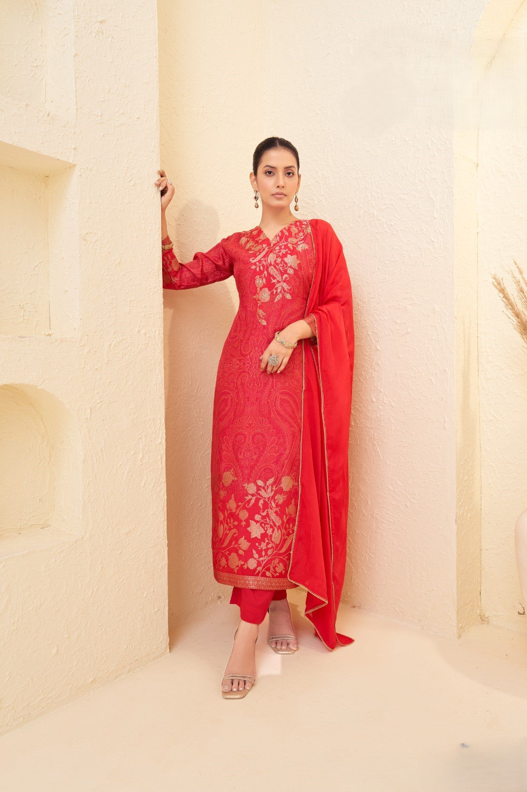 Coral Pink Embellished Raw Silk Pant Set