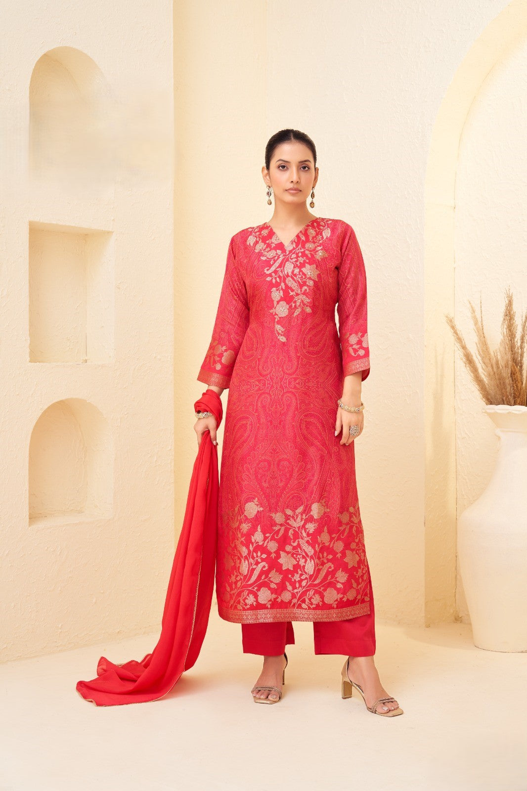 Coral Pink Embellished Raw Silk Pant Set