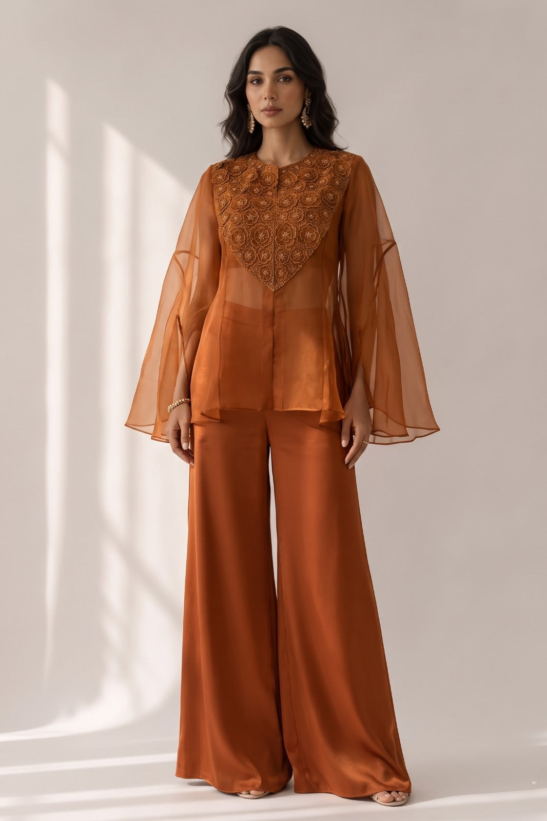 Warm Mustard Embellished Organza Silk Kaftan Set