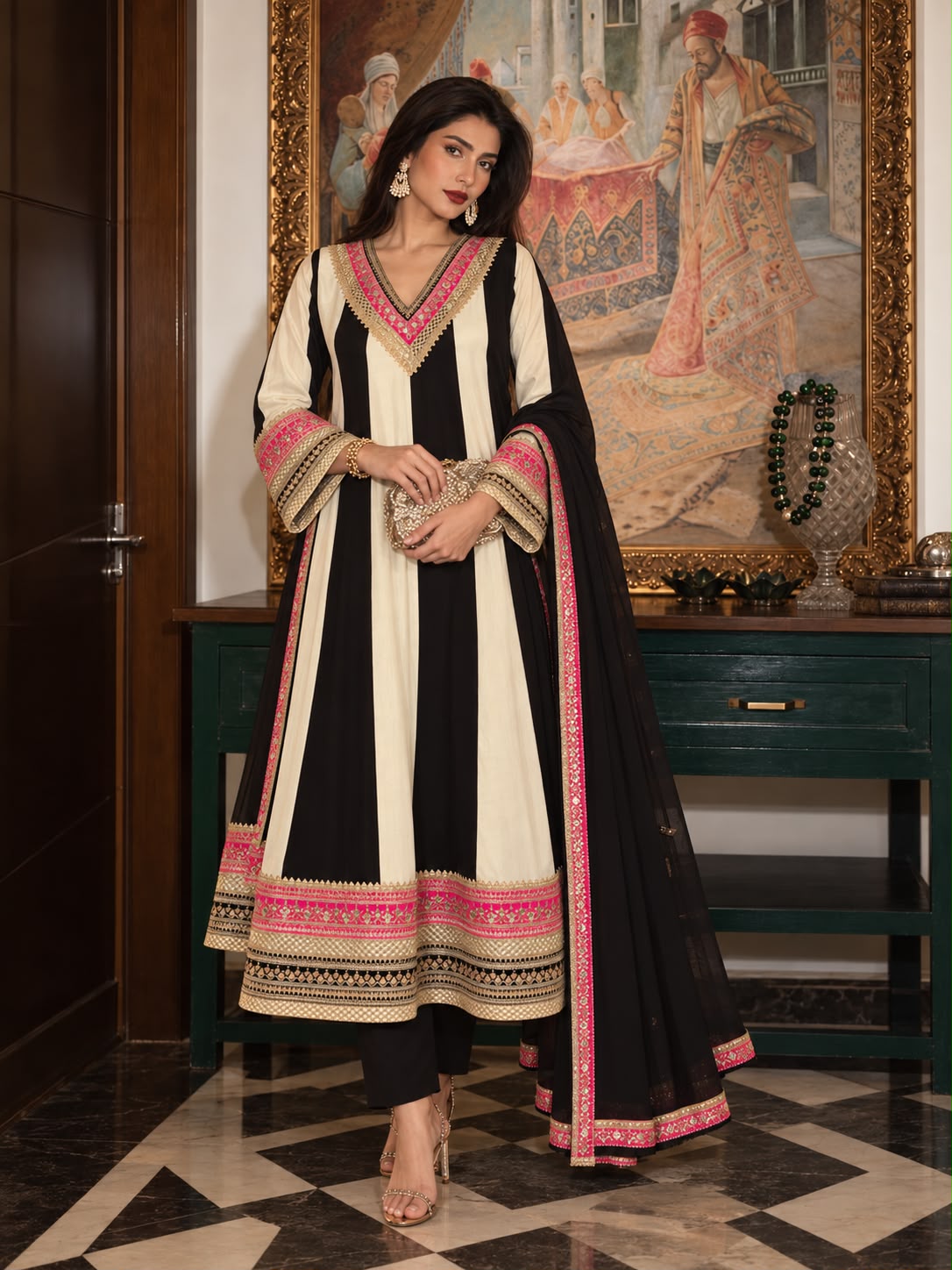 Onyx Ivory Embellished Pure Crepe Silk Anarkali Set