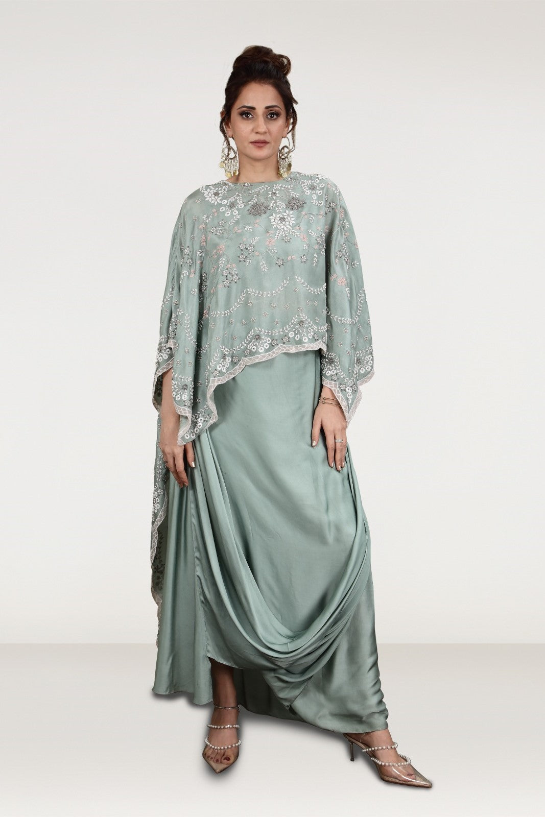 Dusky Green Embellished Satin Silk Draped Skirt Set