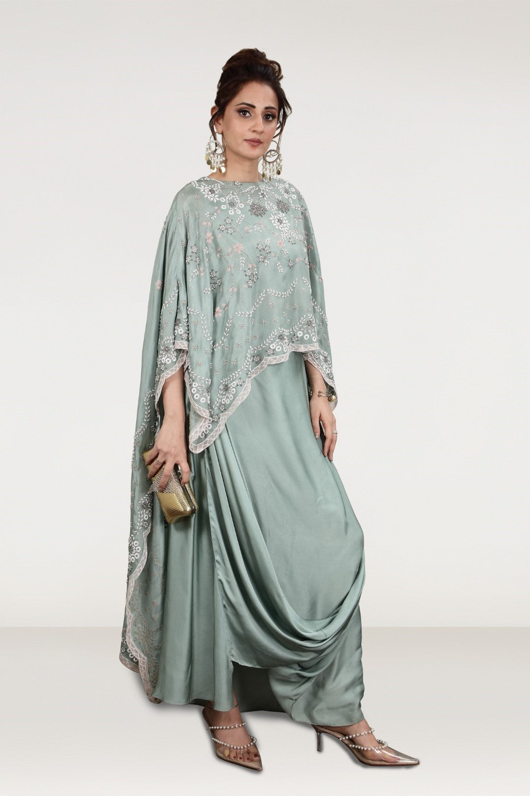 Dusky Green Embellished Satin Silk Draped Skirt Set