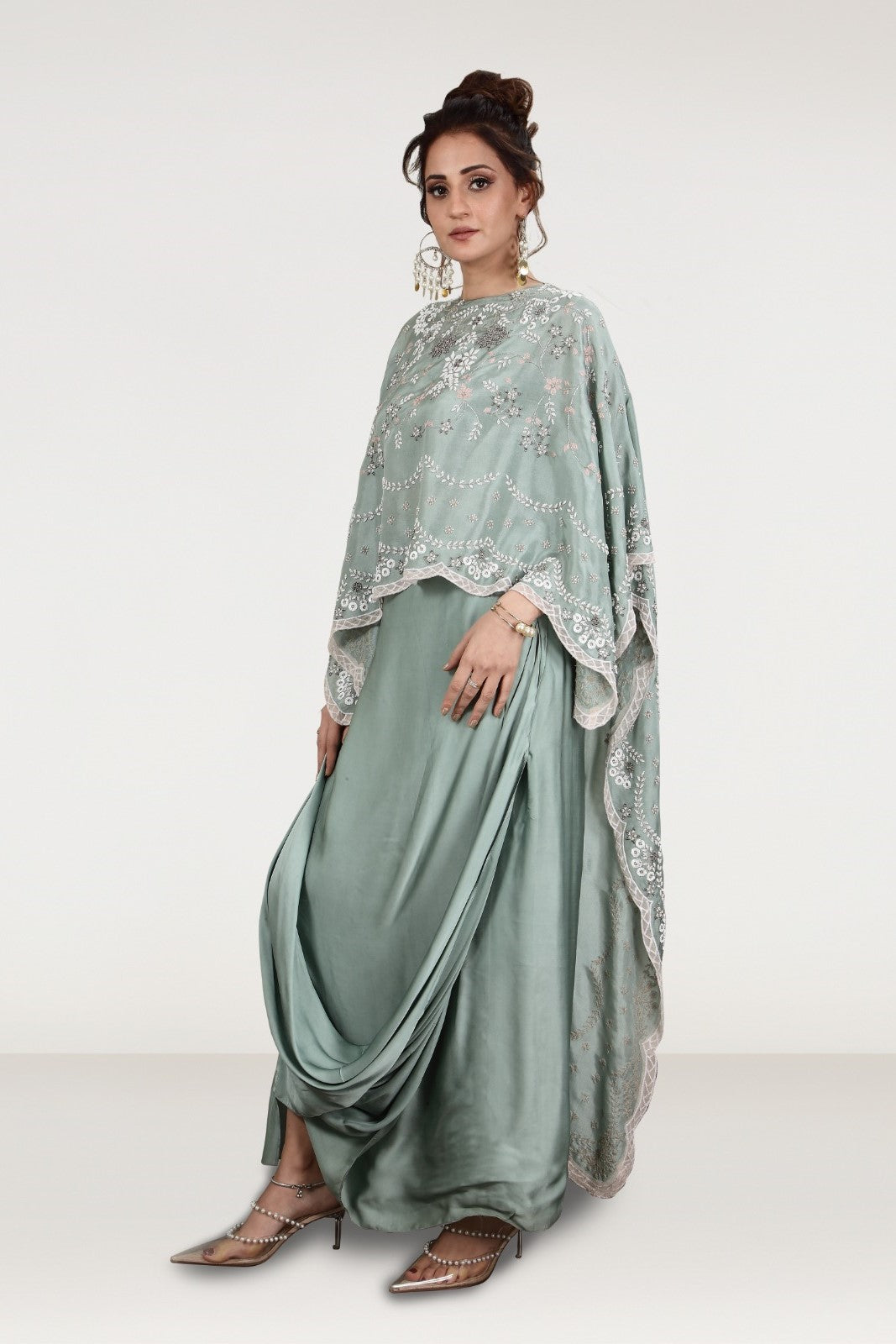 Dusky Green Embellished Satin Silk Draped Skirt Set