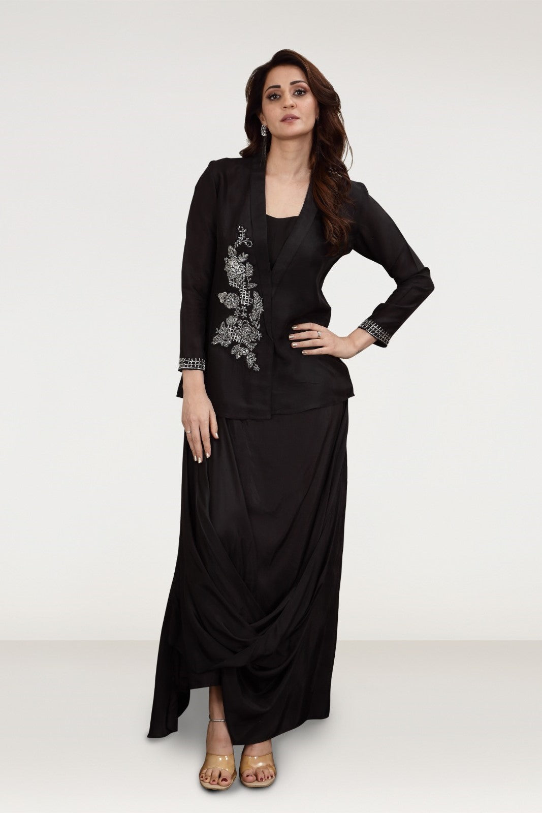 Cherish Black Embellished Satin Silk Draped Skirt Set