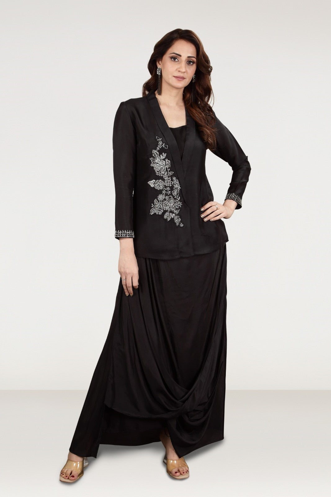 Cherish Black Embellished Satin Silk Draped Skirt Set