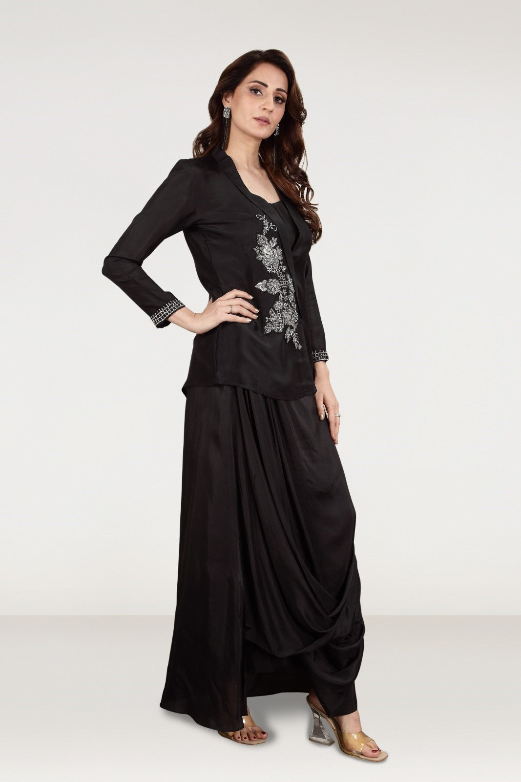 Cherish Black Embellished Satin Silk Draped Skirt Set