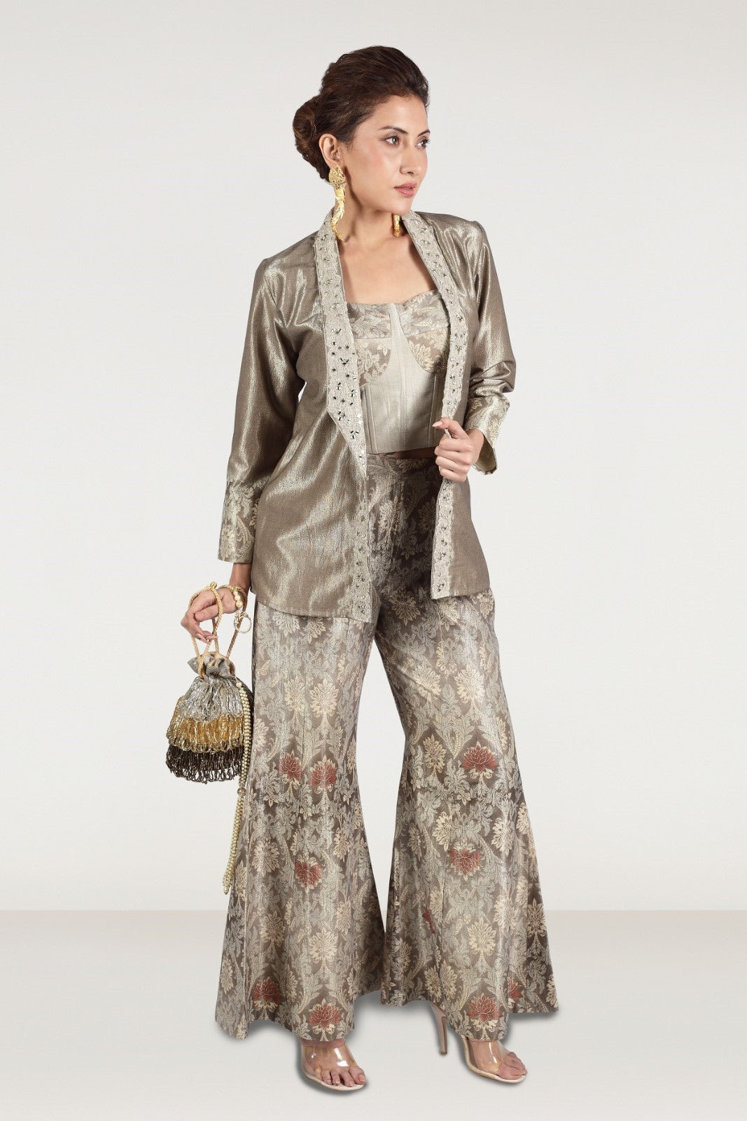 Metallic Beige Embellished Premium Silk Palazzo Set