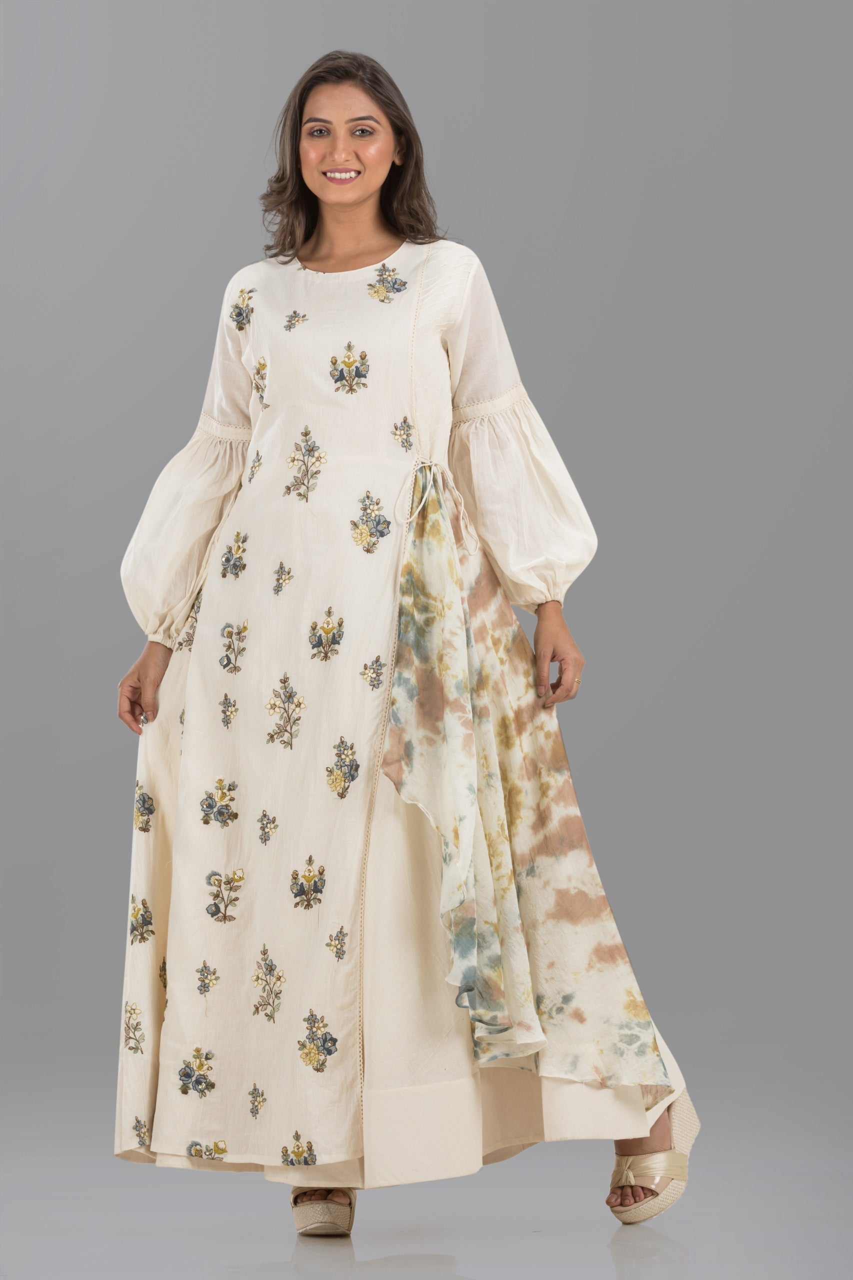 Cream Floral Printed Mul-Cotton Silk Dress