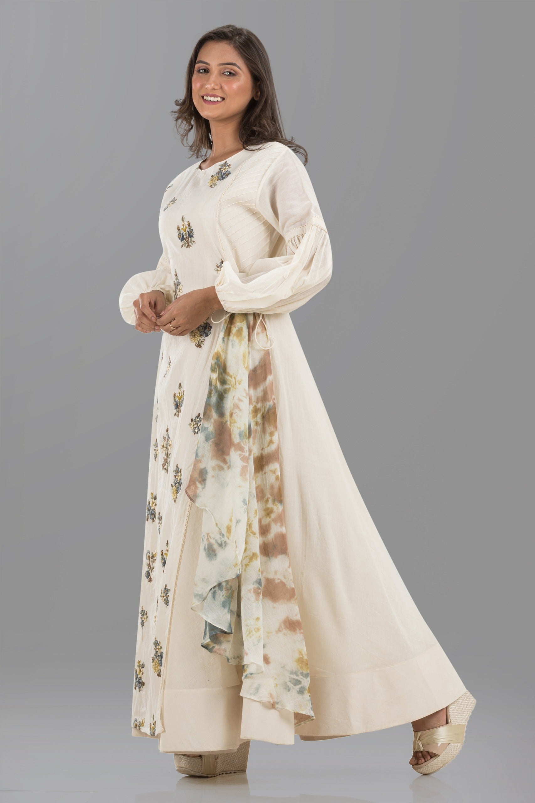 Cream Floral Printed Mul-Cotton Silk Dress