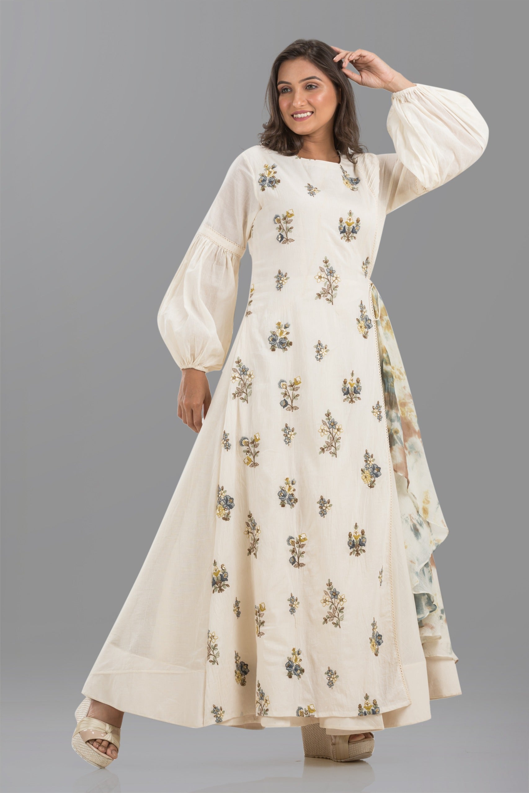 Cream Floral Printed Mul-Cotton Silk Dress