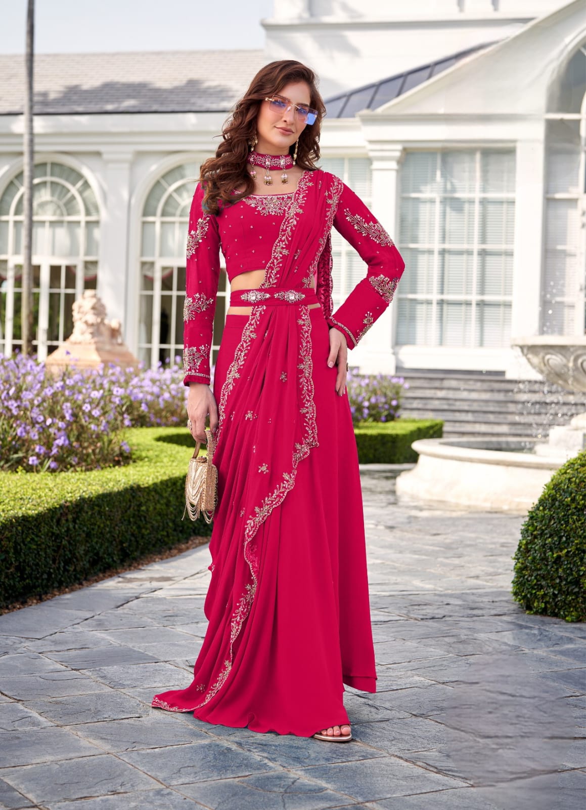 Rani Pink Embellished Georgette Lehenga Set